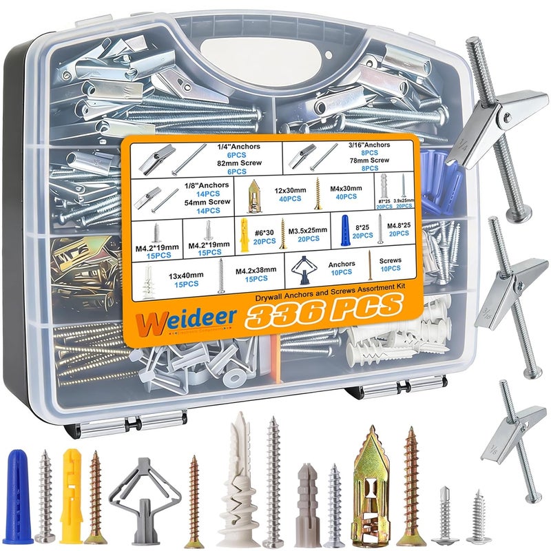 weideer 336PCS 11Sizes Drywall Anchors and Screws Assortment Kit,Toggle Bolts and Wing Nut Kit,Plastic Dry Wall Anchors with Wood Screws Handheld Box (1/4" 3/16" 1/8" #6#7#8 M8 M12 M13) - Image 1